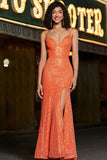 Robe de soirée  à paillettes à bretelles spaghetti sirène orange scintillante avec fente