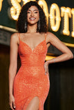 Robe de soirée  à paillettes à bretelles spaghetti sirène orange scintillante avec fente