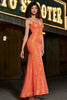 Charger l&#39;image dans la galerie, Robe de soirée  à paillettes à bretelles spaghetti sirène orange scintillante avec fente