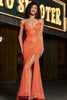 Charger l&#39;image dans la galerie, Robe de soirée  à paillettes à bretelles spaghetti sirène orange scintillante avec fente