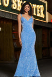 Robe de soirée longue sirène à bretelles spaghetti bleu scintillant avec des paillettes