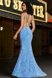 Robe de soirée longue sirène à bretelles spaghetti bleu scintillant avec des paillettes