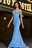 Robe de soirée longue sirène à bretelles spaghetti bleu scintillant avec des paillettes