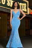 Robe de soirée longue sirène à bretelles spaghetti bleu scintillant avec des paillettes