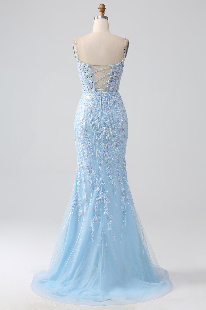 Charger l&#39;image dans la galerie, Robe de bal corset sirène scintillante bleu ciel avec paillettes