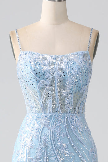 Robe de bal corset sirène scintillante bleu ciel avec paillettes