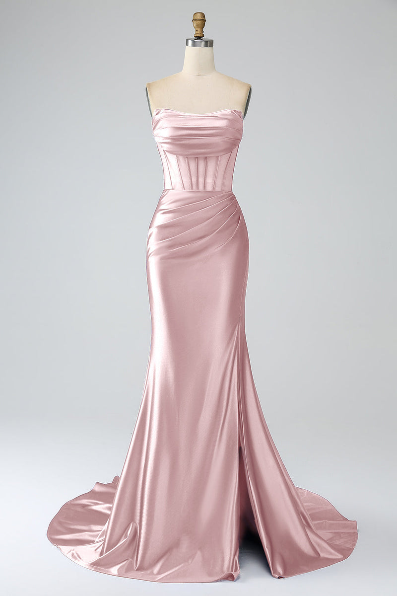 Charger l&#39;image dans la galerie, Fard à joues rose sirène bustier plissé Corset longue robe de soirée avec fente