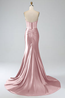 Fard à joues rose sirène bustier plissé Corset longue robe de soirée avec fente