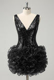 Robe de bal à paillettes à col en V Noir scintillante avec volants amovibles