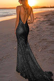 Robe longue formelle sirène dos nu argentée scintillante