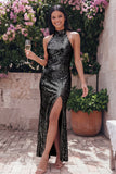 Robe invité de mariage longue dorée à sequins avec col doré et fente