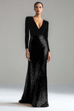 Robe formelle longue à manches dorée dorée et noire à col en V scintillant