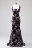 Robe longue de bal rose à col carré à fleurs de sirène avec perles