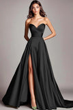Dusty Sage Bustless Une ligne froncée Robe de bal longue en satin avec fente