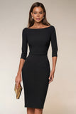 Robe professionnelle midi bleu marine col bâteau manches 3/4 coupe ajustée