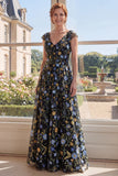 Robe longue de la mère de la mariée en tulle vert brodée en V, décolleté en V