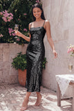 Robe midi à bretelles fines dorées bodycon scintillantes avec sequins