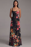 Robe fleurie ivoire froncée à col carré A Line