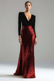 Robe formelle longue à manches dorée dorée et noire à col en V scintillant