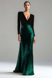 Robe formelle longue à manches dorée dorée et noire à col en V scintillant