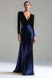 Robe formelle longue à manches dorée dorée et noire à col en V scintillant
