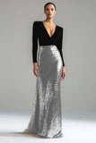 Robe formelle longue à manches dorée dorée et noire à col en V scintillant