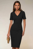 Robe de travail Midi Bodycon Navy à col en V à manches courtes avec fente