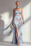 Robe longue de demoiselle d’honneur rose sirène, sans bretelles à motifs floraux, avec fente