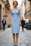 Robe midi Mother of the Bride Mother of the Bride à col bateau bleu clair avec un col en fusil et manches 3/4