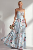 Robe longue longue de demoiselle d’honneur imprimée en ligne A bleue fleurie