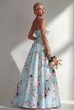 Robe longue longue de demoiselle d’honneur imprimée en ligne A bleue fleurie