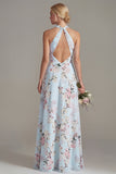 Longue robe de demoiselle d’honneur rose à col nu à boutons à fleurs