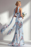 Robe longue de demoiselle d’honneur rose sirène, sans bretelles à motifs floraux, avec fente