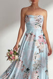 Robe longue longue de demoiselle d’honneur imprimée en ligne A bleue fleurie