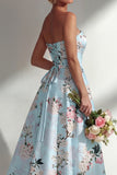 Robe longue longue de demoiselle d’honneur imprimée en ligne A bleue fleurie