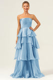 Robe de demoiselle d'honneur longue bleu marine foncé bustier sans bretelles à plusieurs niveaux
