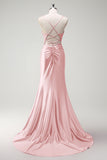 Sirène fuchsia scintillante bretelles spaghetti perlé Corset satin longue Robe de soirée avec fente