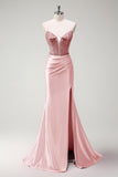 Sirène fuchsia scintillante bretelles spaghetti perlé Corset satin longue Robe de soirée avec fente