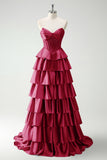 Vert Sweetheart Princesse Satin Tiered Long Corset Robe De Soirée avec Fente