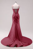 Robe de bal à bretelles spaghetti sirène fuchsia corset à paillettes avec fente