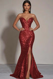 Robe formelle sirène sans bretelles à paillettes dorées scintillantes avec fente