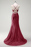 Sirène fuchsia scintillante bretelles spaghetti perlé Corset satin longue Robe de soirée avec fente