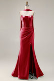Robe de soirée longue sirène vert clair satin bustier sans bretelles avec fentes latérales et foulard