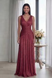 Robe Longue de Cérémonie Plissée Vieux Rose Col V