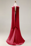 Robe de soirée longue sirène vert clair satin bustier sans bretelles avec fentes latérales et foulard