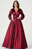 Robe de mère de mariée en satin gris bleu col V à manches longues