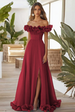 Robe formelle à épaules dénudées bleue une ligne avec fente