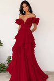 Robe de Soirée plissée à volants lilas à épaules dénudées