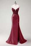 Sirène fuchsia scintillante bretelles spaghetti perlé Corset satin longue Robe de soirée avec fente