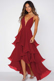 Robe formelle à volants en mousseline de soie rouge à bretelles spaghetti